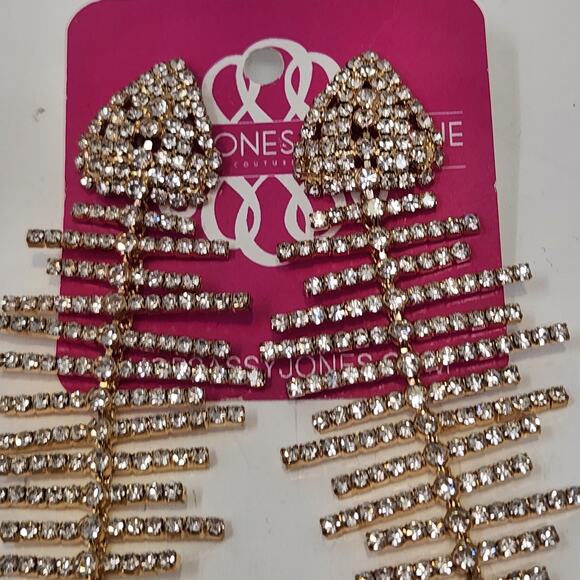 Sassy Jones Fish Bone Gold Tone Crystal Post Earrings Statement Drama Dangle - Picture 2 of 5